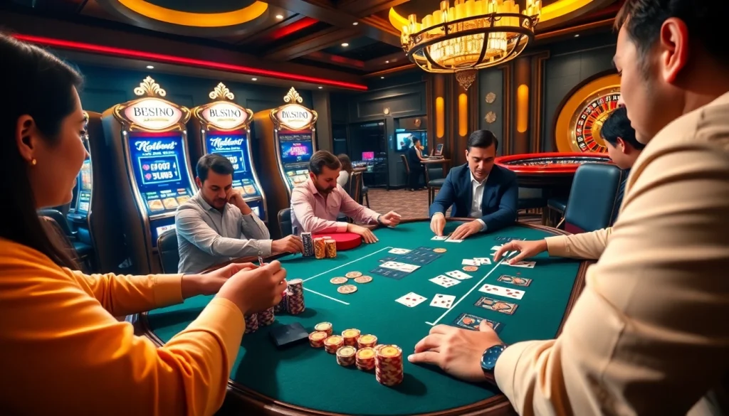 Experience the thrill of poker gameplay at https://taigo88.team/ with colorful chips and engaging players.