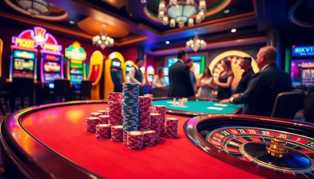Players enjoying high stakes at a RIKVIP casino gaming table with vibrant ambiance.