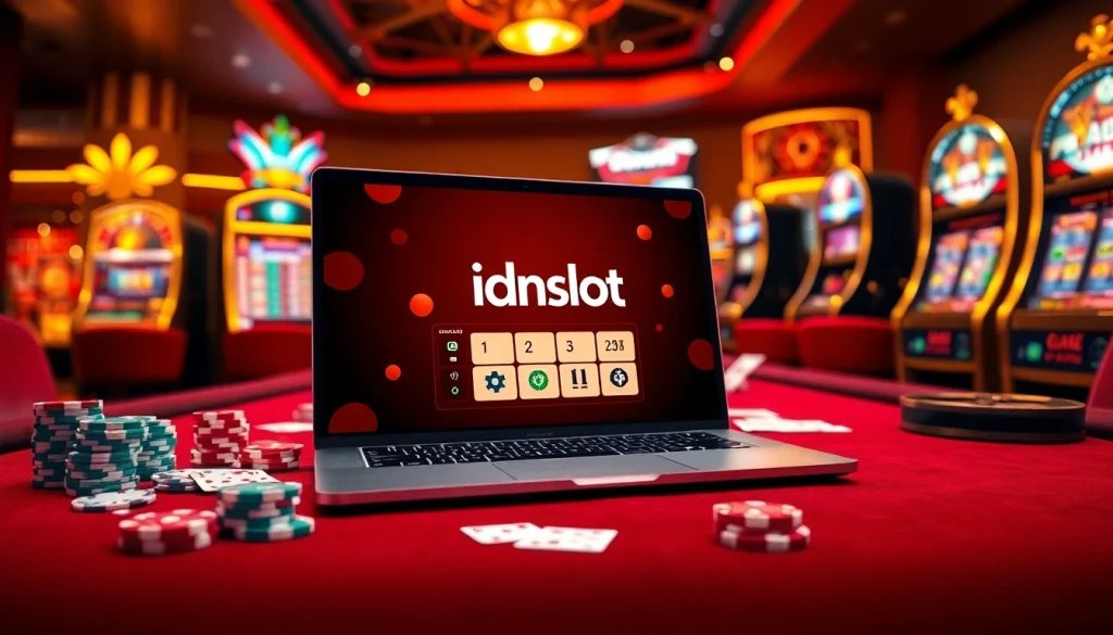 Experience idnslot excitement through vibrant casino visuals with chips, cards, and rich decor.
