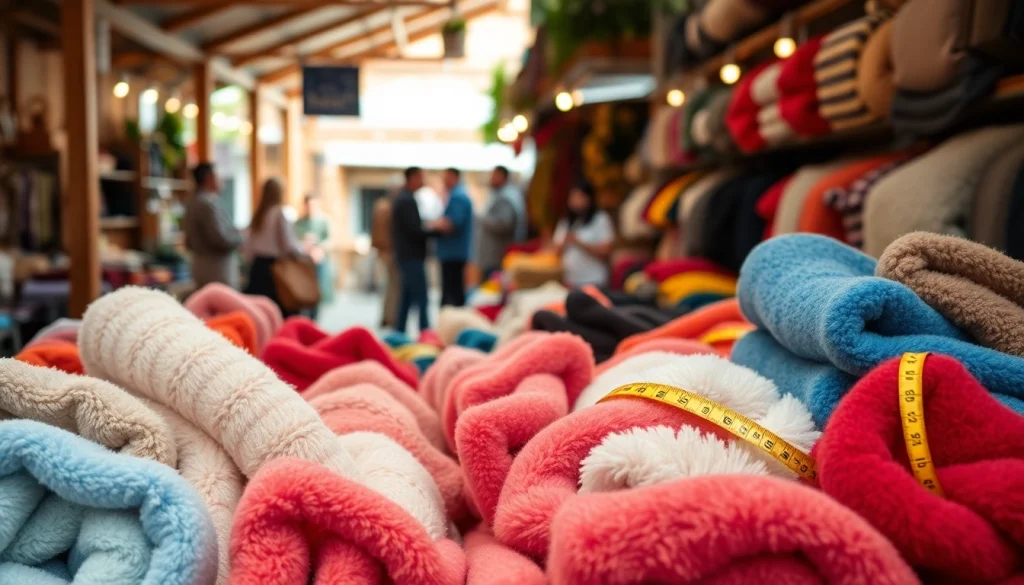 Fleece stof kopen in een kleurrijke marktsetting met diverse stoffen.