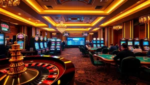Experience the thrill of RR88 with players at vibrant casino tables and spinning roulette wheels.