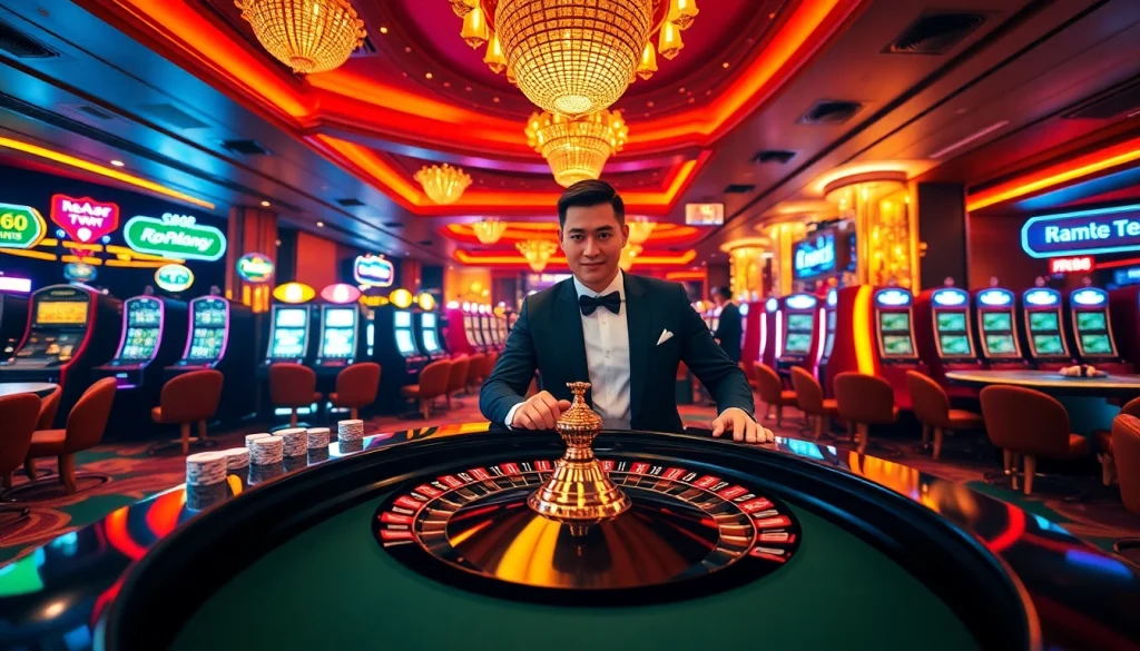 Experience the excitement of RR88 at a luxurious casino with a roulette table and vibrant ambiance.