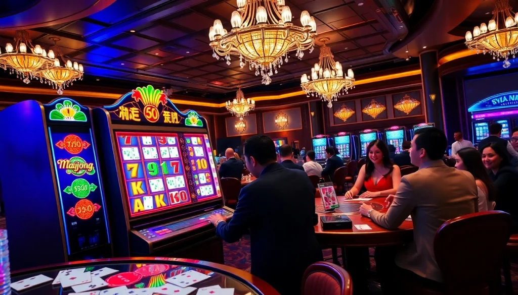 Experience the excitement of a mahjong slot demo with vibrant reels and stylish players in a luxury casino.