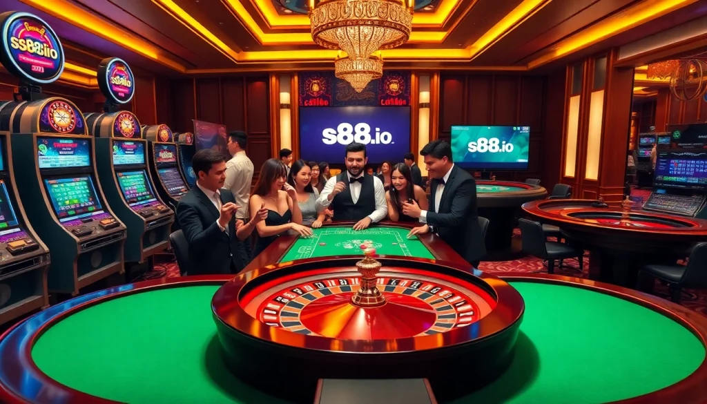 A dynamic casino scene showcasing players enjoying games at s88a.io with poker chips and a roulette wheel.
