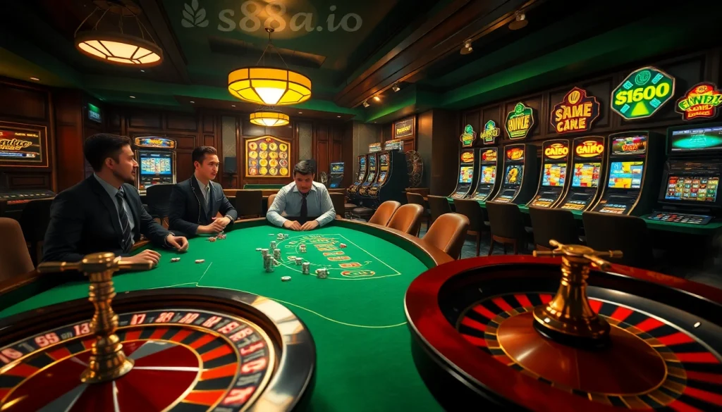S88A.io casino scene with poker players, roulette wheel, and slot machines showcasing excitement.