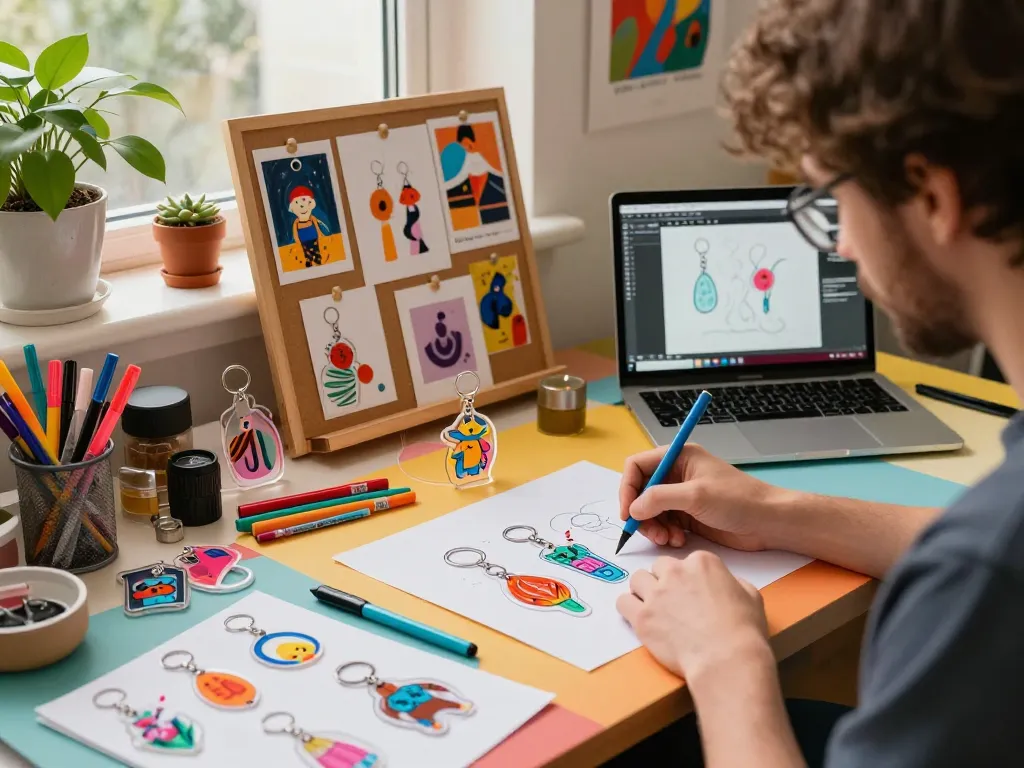 Custom clear acrylic keychain manufacturer showcasing vibrant designs in a creative studio.