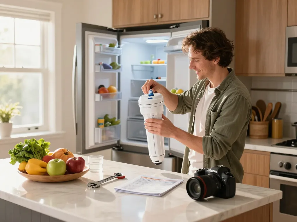 Homeowner installing Waterdrop XWF Replacement for GE® XWF Refrigerator filter in a sunlit kitchen.