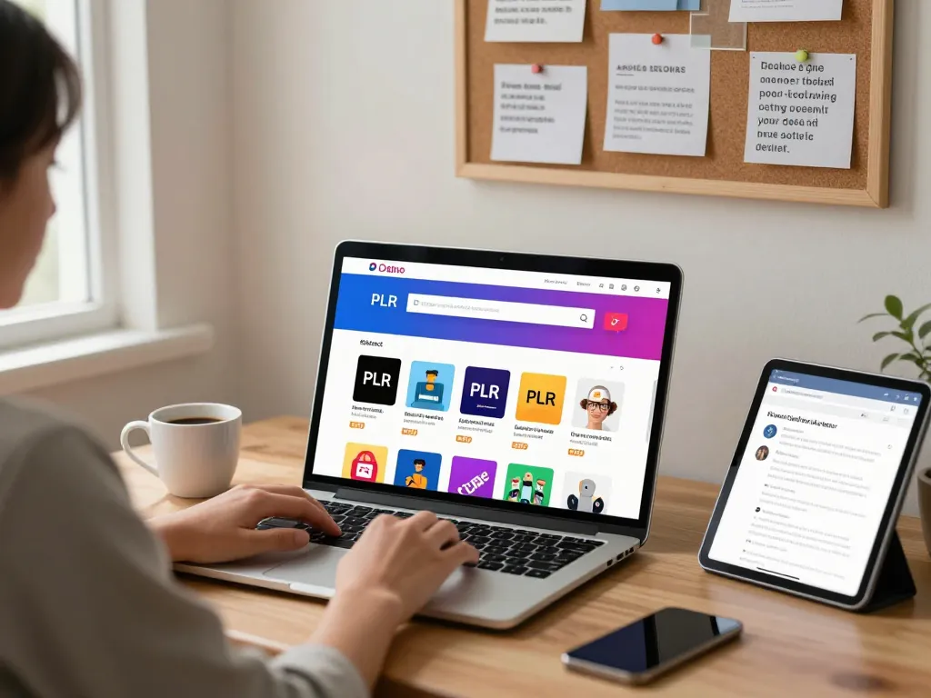 Buy PLR Products Online in a vibrant e-commerce setting with laptops showing product thumbnails and coffee.